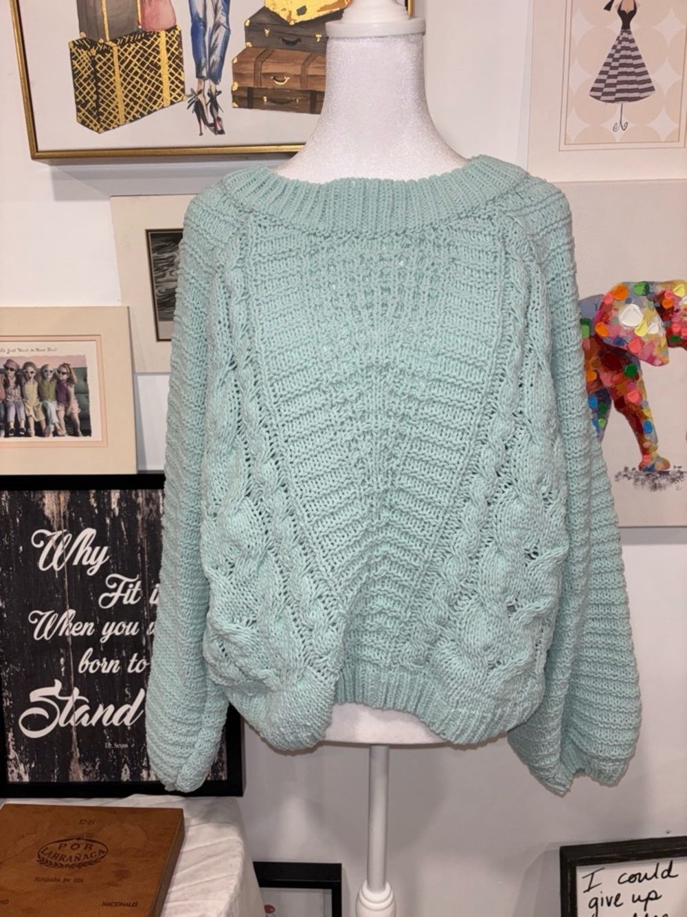 Relaxed Cable-Knit Scoop Neck Sweater in Mint